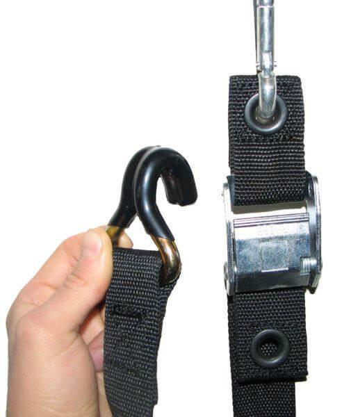 Durable, heavy duty n-hook style standard hardware. Military Grade and fleet securement. Works with Gladiator Cargo Nets cargo safety nets. Shown with sturdy cam buckle. 