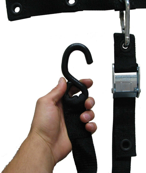 Durable, heavy duty cargo s-hook hardware. Military Grade and fleet securement. Works with Gladiator Cargo Nets cargo safety products. Shown with durable cam buckle. 