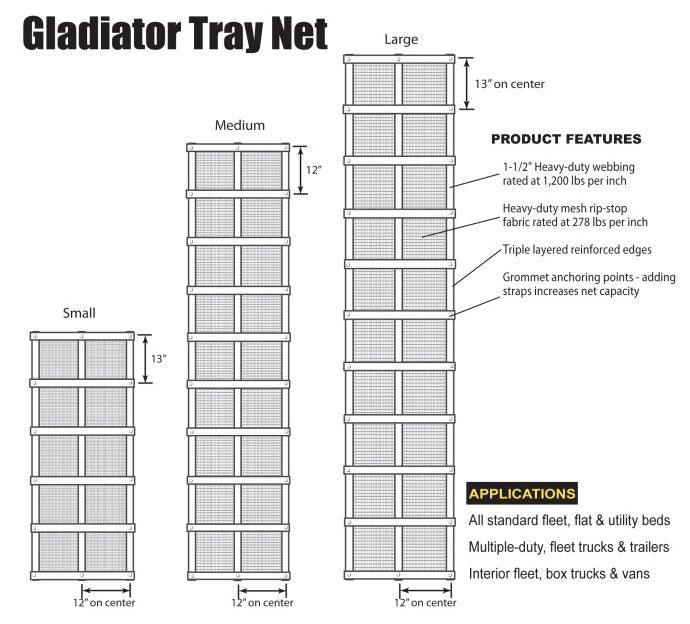 Gladiator tray net sizing guide. shows dimensions, features, and applications. 